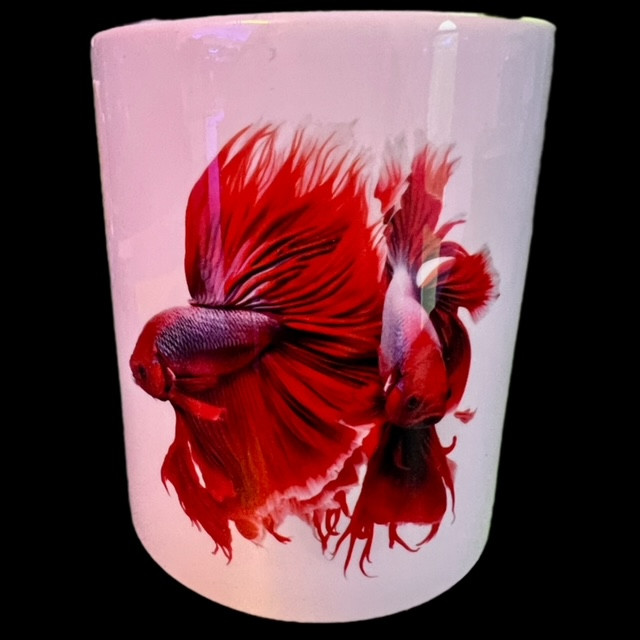 Werbe-Tasse mit Kampffisch-Logo in Rot